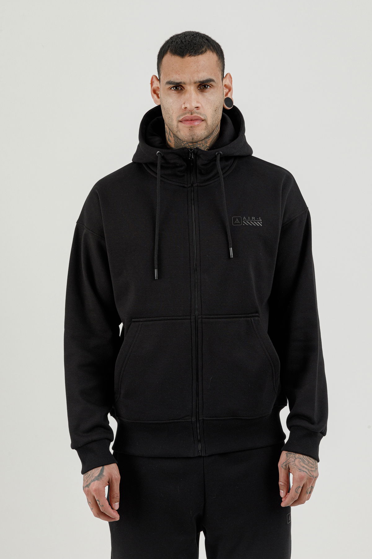180019-M.02 - Siyah - Tam Boy Fermuarlı Kanguru Cepli Erkek Kapüşonlu Sweatshirt