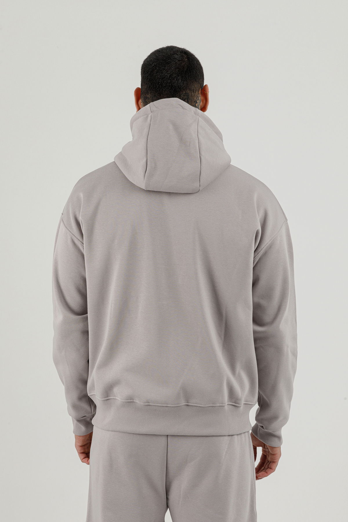 180019-M.02 - Gri - Tam Boy Fermuarlı Kanguru Cepli Erkek Kapüşonlu Sweatshirt