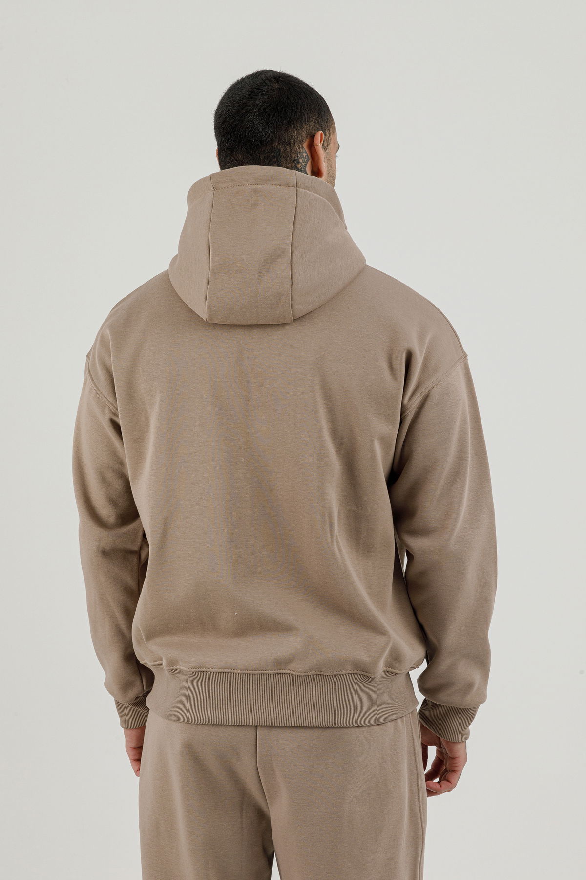 180019-M.02 - Kahverengi - Tam Boy Fermuarlı Kanguru Cepli Erkek Kapüşonlu Sweatshirt