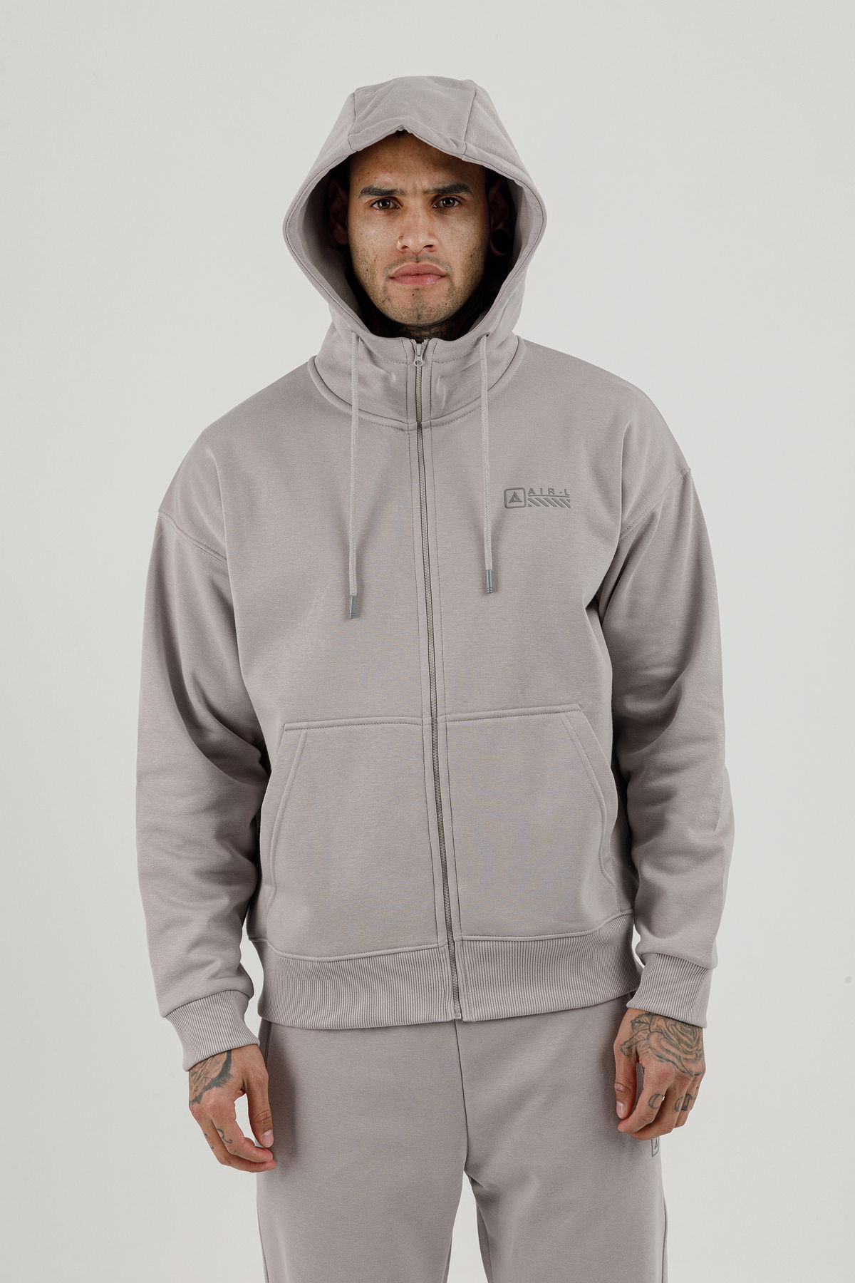 180019-M.02 - Gri - Tam Boy Fermuarlı Kanguru Cepli Erkek Kapüşonlu Sweatshirt