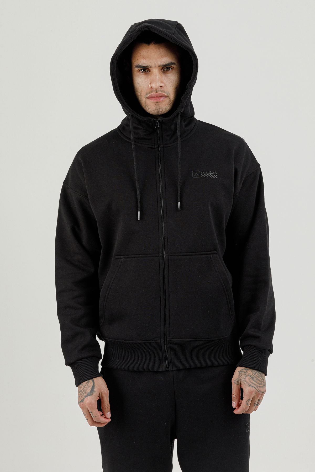 180019-M.02 - Siyah - Tam Boy Fermuarlı Kanguru Cepli Erkek Kapüşonlu Sweatshirt