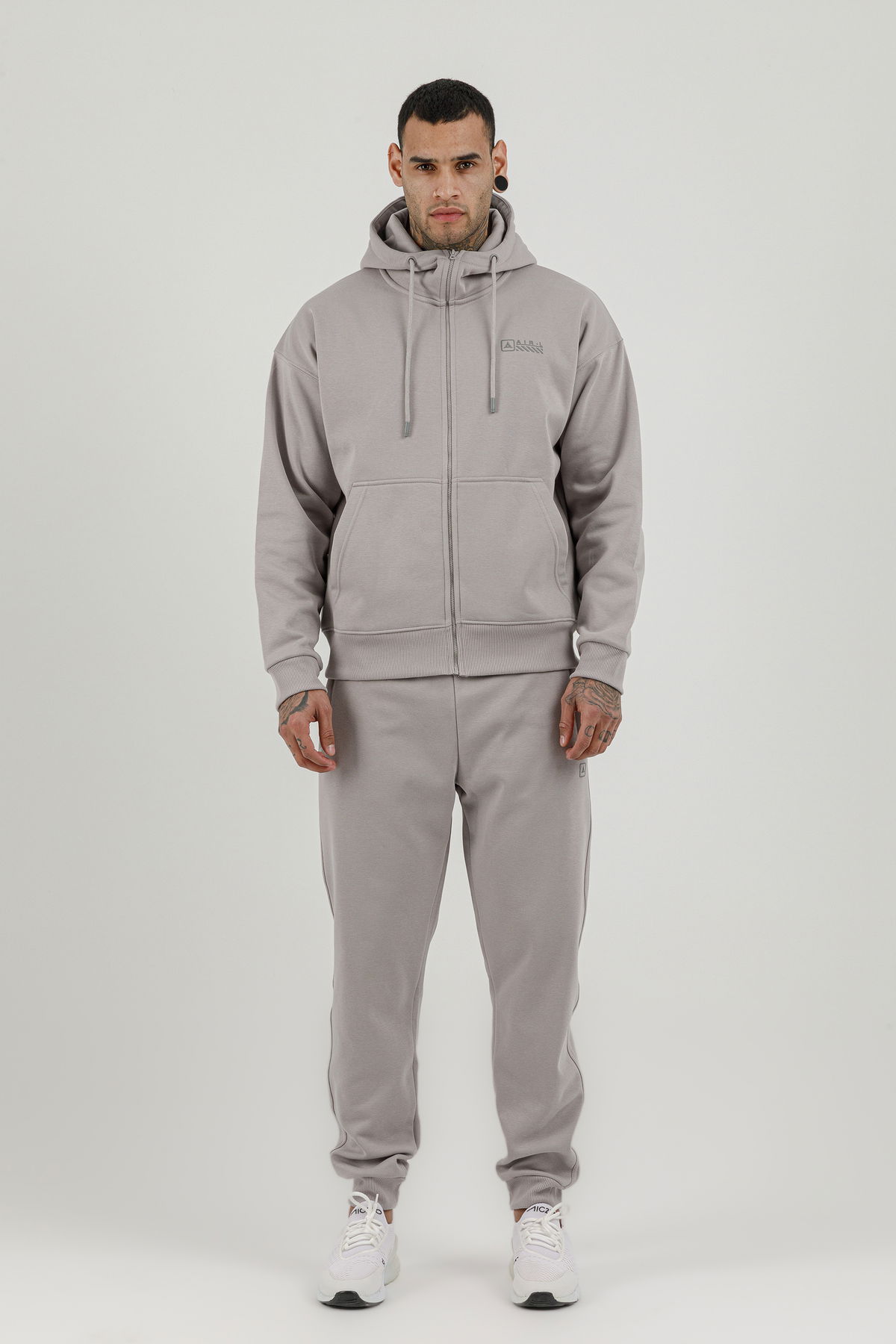 180019-M.02 - Gri - Tam Boy Fermuarlı Kanguru Cepli Erkek Kapüşonlu Sweatshirt