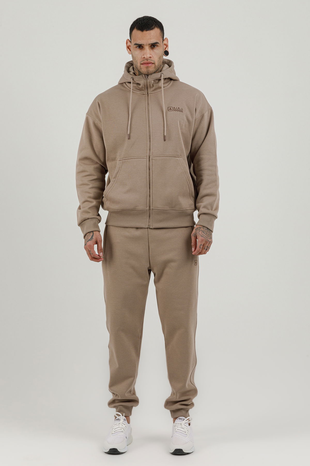 180019-M.02 - Kahverengi - Tam Boy Fermuarlı Kanguru Cepli Erkek Kapüşonlu Sweatshirt
