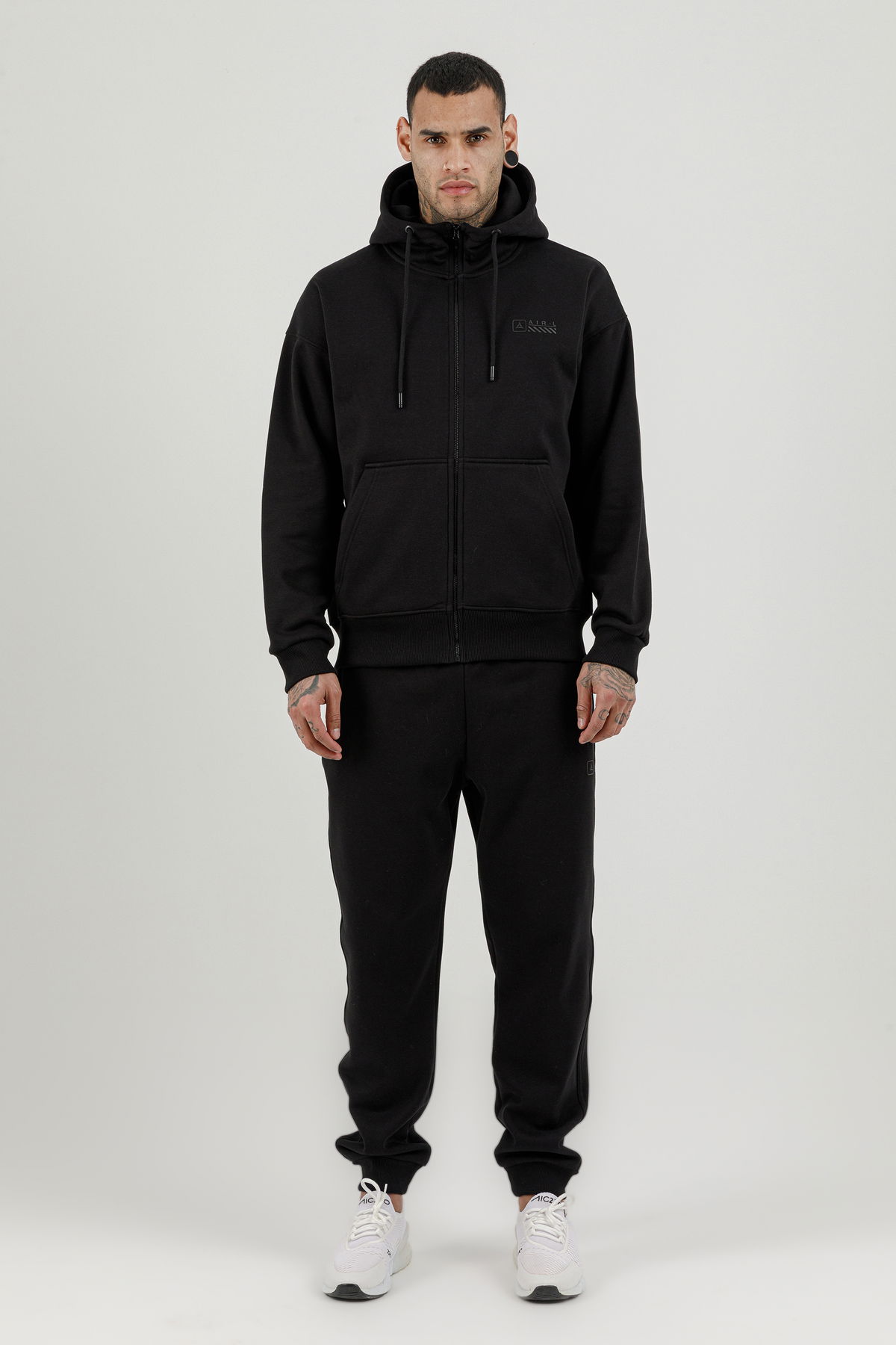 180019-M.02 - Siyah - Tam Boy Fermuarlı Kanguru Cepli Erkek Kapüşonlu Sweatshirt